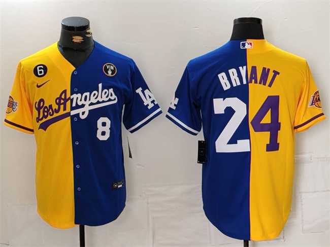 Men%27s Los Angeles Lakers & Dodgers Front #8 Back #24 Kobe Bryant Gold Blue Split With Patch Stitched Jersey